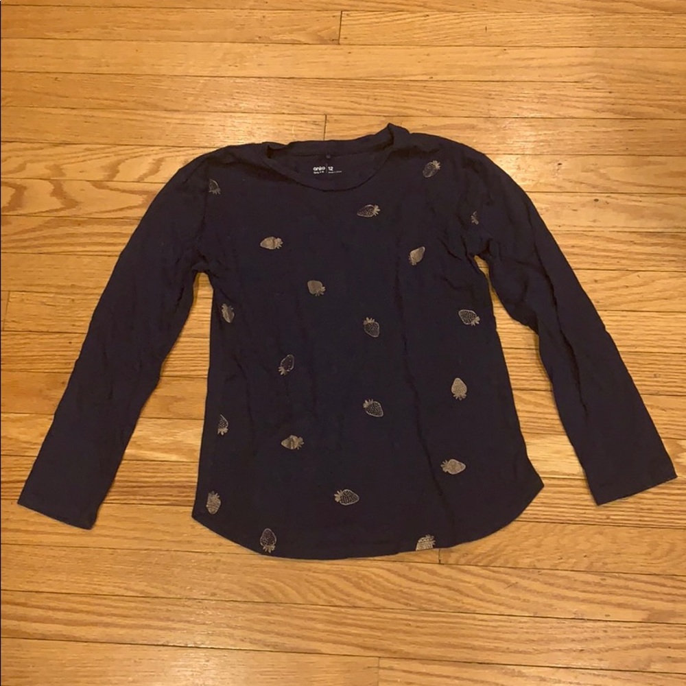 Blue long sleeve top with golden strawberries